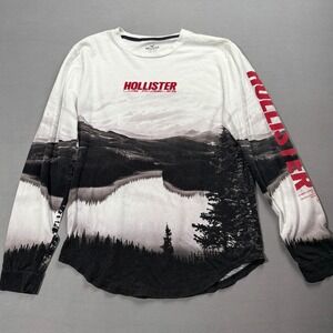 Hollister Mountain Landscape Long‎ Sleeve T-Shirt Winter Forest Print Size S